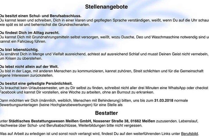 Mit dieser Stellenanzeige sucht das Krematorium einen neuen Mitarbeiter.