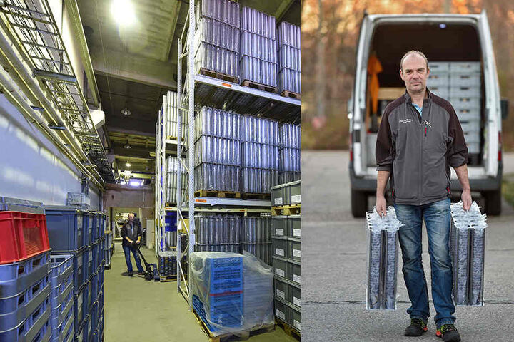 li.: Drei Millionen Becher lagern, verteilt auf mehrere Hallen, in Dresden. re.: Je zehn Kilo wiegt eine der Transportboxen. 50.000 Becher passen in einen Mini-Laster.
