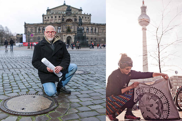 Die Berliner Künstlerin "Raubdruckerin" (re.) nutzt unter anderem Gullydeckel als Druckplatte - und ist das Vorbild der Dresdner Aktion von Künstler Peter Scharfe (56, li.).