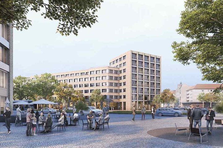 Im Hintergrund: Die Studentenwohnungen auf acht Etagen. Vorn: ein neu entstehender Stadtplatz.