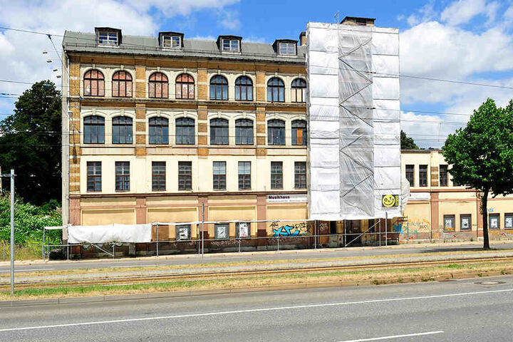 Das alte Musikhaus ist eingerüstet, um die Fassade zu untersuchen.