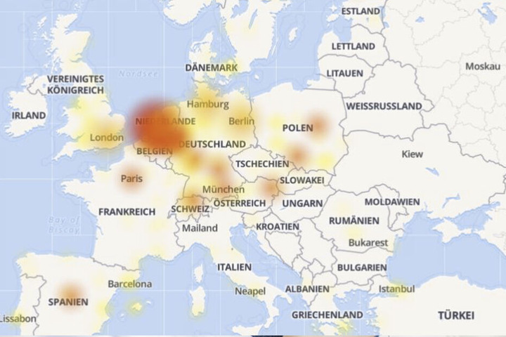 Die Karte von "Allestörungen" zeigt, welche Länder in Europa besonders von der technischen Störung betroffen sind.