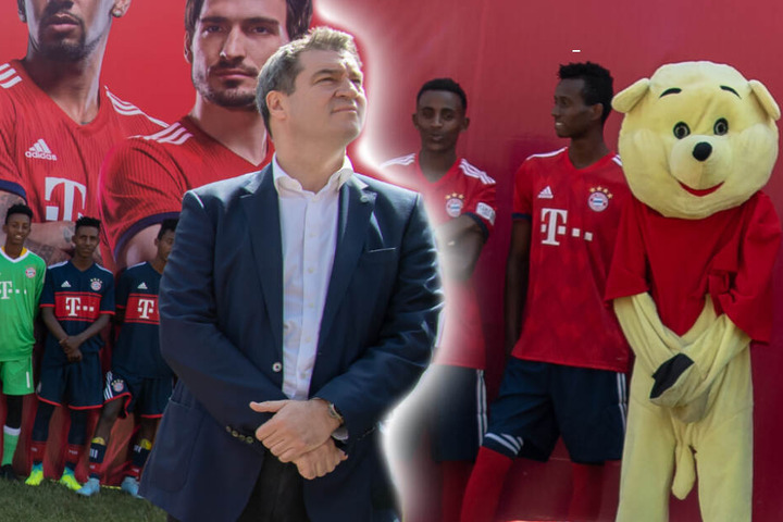 Haltung annehmen: Markus Söder und das kritisierte Maskottchen bei der Eröffnungsfeier im Vergleich. (Bildmontage)