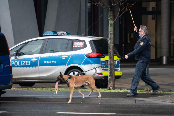 Ein Hundeführer mit einem Sprengstoffspürhund (Symbolbild).
