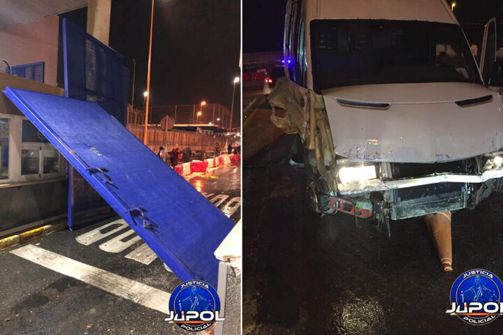 Links: Das Tor des Grenzübergangs nach dem Aufprall des Kleintransporters. Rechts: In dem Kleintransporter waren über 50 Menschen zusammengepfercht.