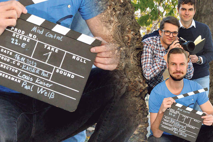 Hauptdarsteller Richard Gerk (30), Kameramann Paul Weiß (18) und Regisseur Louis Kaiser (17, von vorn) haben zusammen "Mind Control" gedreht.