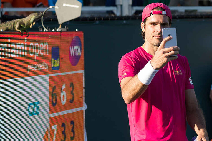 Beim Turnier in Florida (USA) machte Tommy Haas (39) ein Selfie mit einem ungewöhnlichen Gast - einem Leguan.