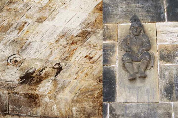 An der Albertbrücke bröckelt es noch an der Unterseite./ Auch ihm geht es 2019 an den Kragen: Da wird das Brückenmännchen wieder aufgehübscht.