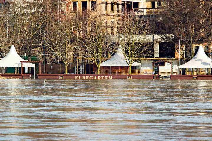 Hochwasser am Elbegarten. Dahinter das ehemalige Hotel Demnitz.