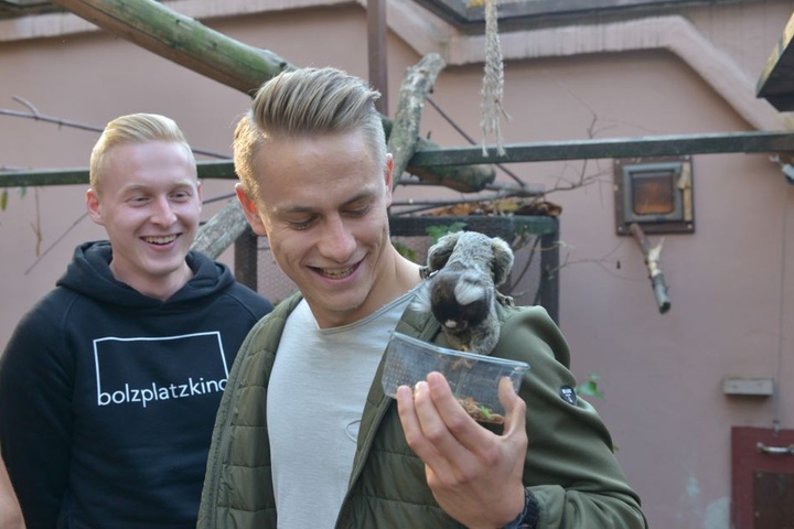 Die FCE-Spieler Luke Hemmerich (20, links) und Sascha Härtel (27) besuchten ihr Patentier, ein Weißbüscheläffchen.