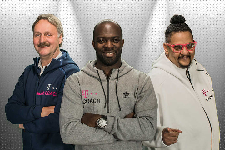 Peter Neururer (li.), Hans Sarpei (mi.) und Kenny Krause (re.) bilden das Trainergespann der Show.