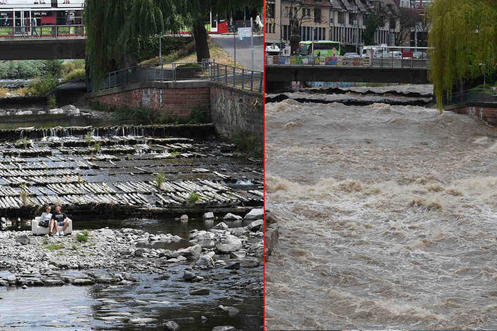 Was für ein Unterschied! Links genießen Sandro und Antonia ihre Mittagspausea in der fast ausgetrockneten Dreisam. Unten sieht man den gleichen Bereich mit Hochwasser im April.