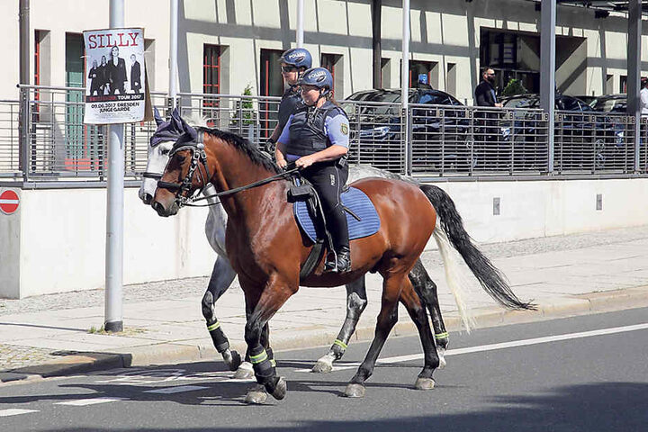 Berittene Polizei
patrouillierte
um den Tagungsort
am Maritim
Hotel in Dresden.