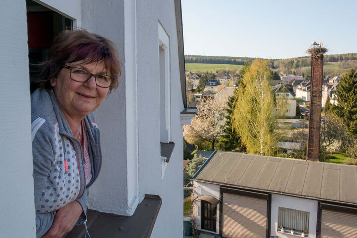 Anwohnerin Karla Rößler (51) kann ihr Frühstück jetzt mit Blick auf das Liebesnest des Storchenpaars von Grüna genießen.