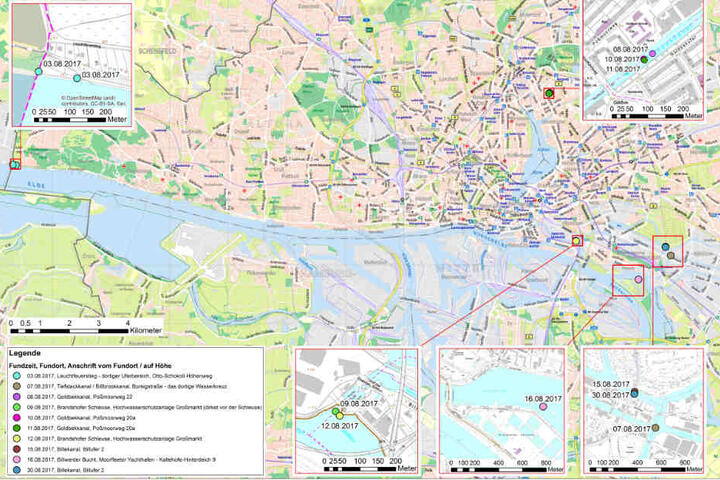 Die Karte zeigt die zehn Fundorte in ganz Hamburg.