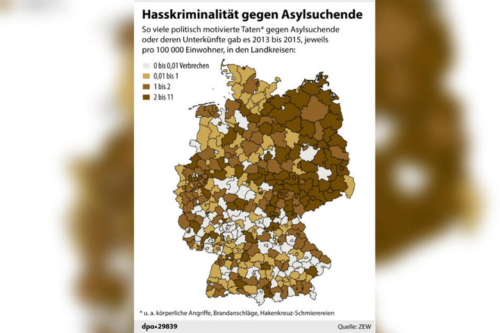 Grafik: Hassverbrechen im "echten Leben" pro 100.000 Einwohner in den Landkreisen der Bundesrepublik (2013 bis 2015)