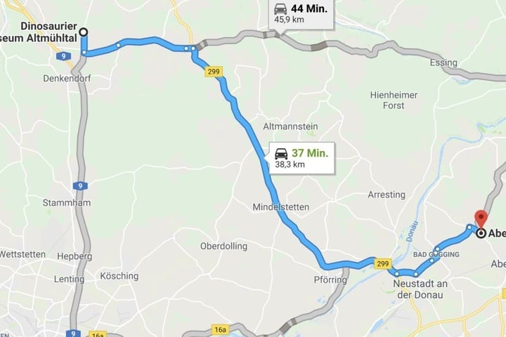 Der Dino legte von seinem Zuhause im Museum Altmühltal gut 40 Kilometer nach Abensberg zurück.