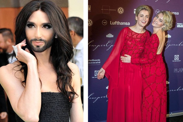 Conchita Wurst (li.) und die Werbe-Zwillinge Julia und Nina Meise (32).