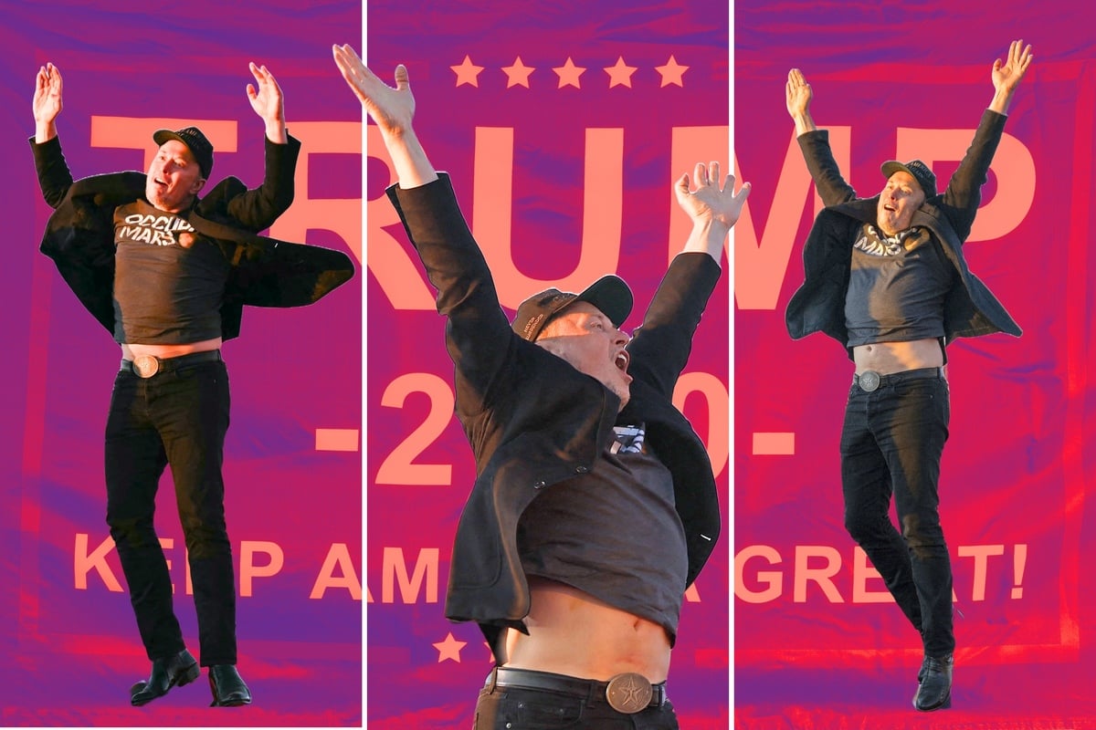 Elon Musk jumps for joy as he unveils "Dark MAGA" persona at Trump's