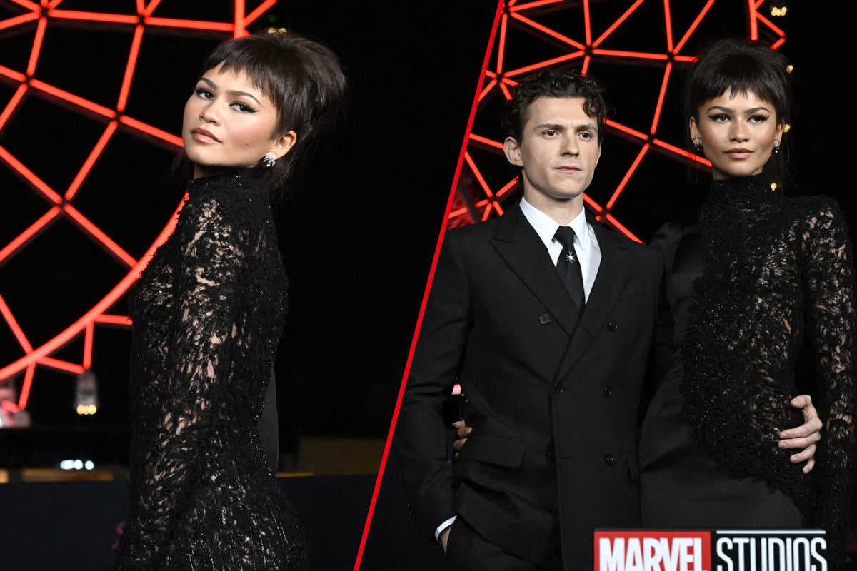 Zendaya debuts bold new bangs and goth-chic look for Spider-Man press with Tom Holland