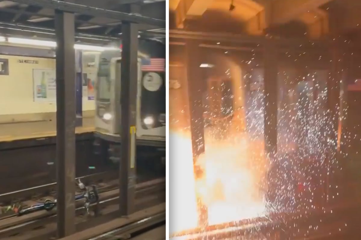 Bike explodes!  Crazy scenes in the New York subway station