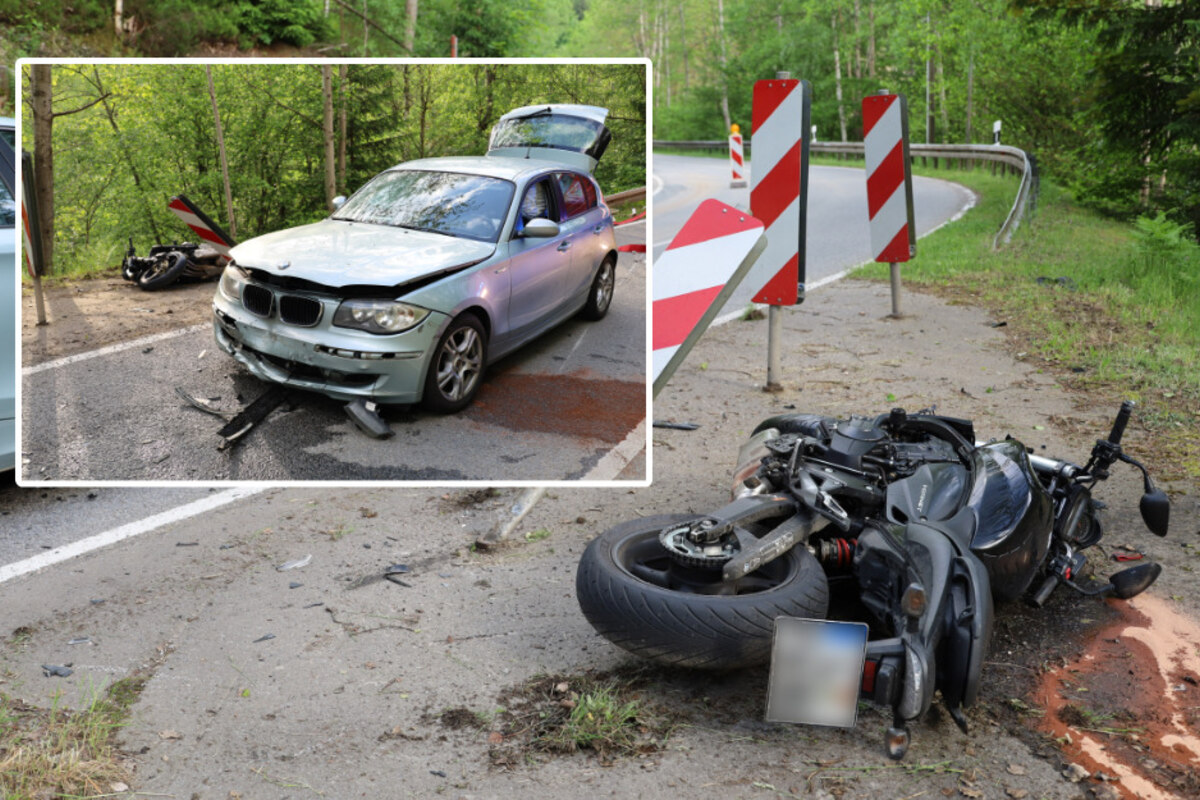 Heftiger Crash im Erzgebirge: Motorrad kracht in BMW
