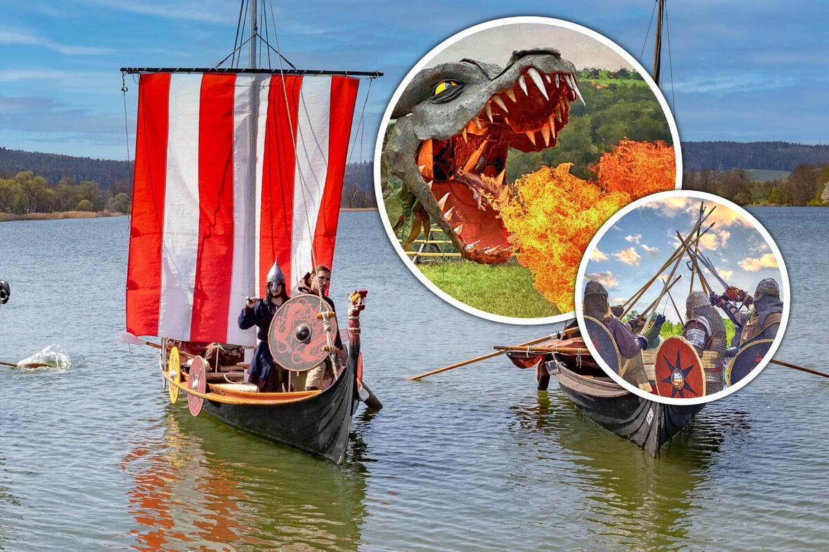 Wikinger-Schiffe auf sächsischem See an der Schladitzer Bucht: Was geht hier denn ab?