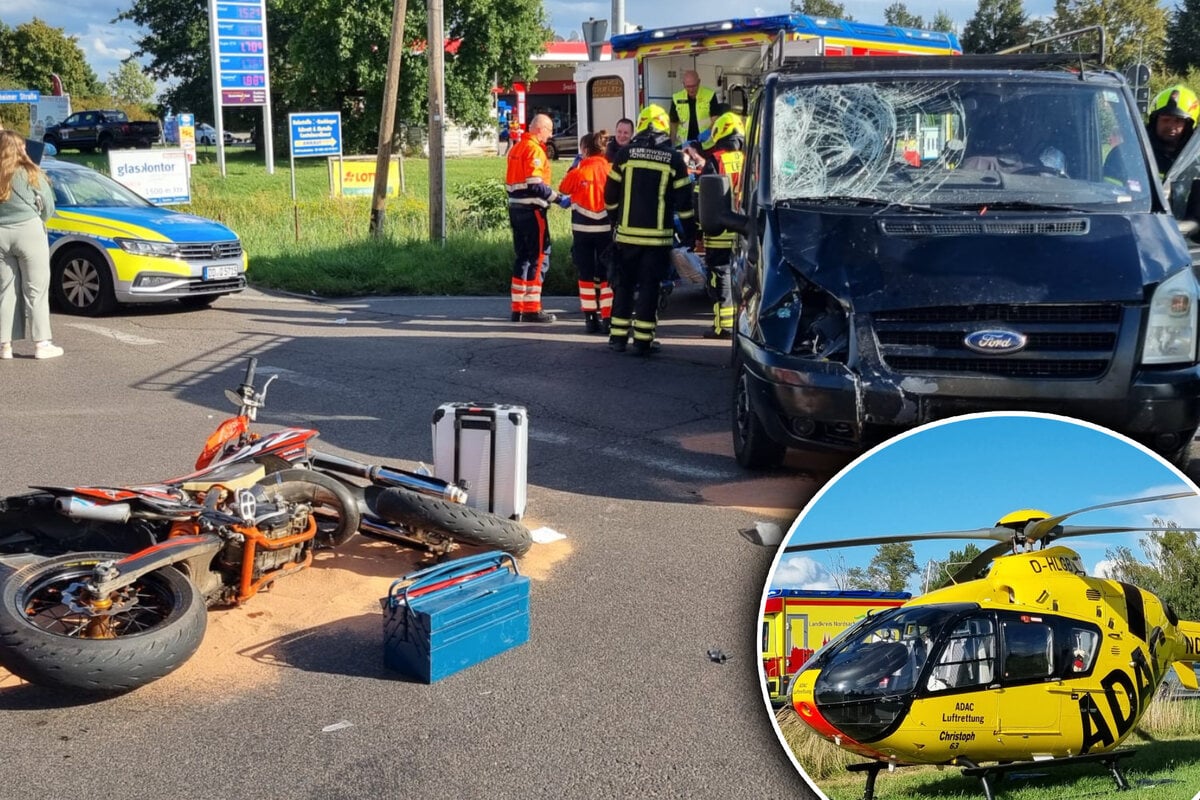 Hubschrauber-Einsatz-nach-Kreuzungscrash-Motorrad-knallt-mit-Transporter-zusammen