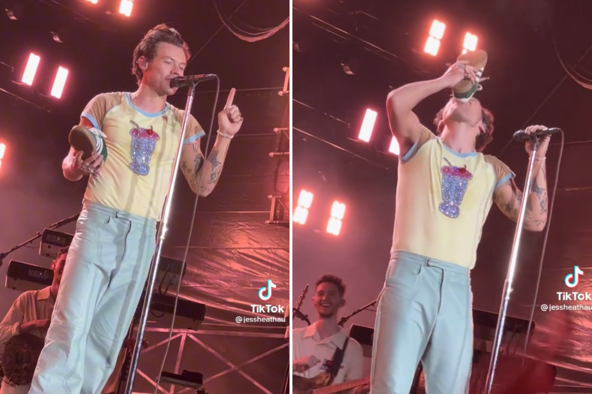 Harry Styles drinks beer from his shoe during concert in Australia