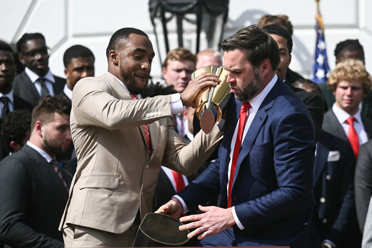 JD Vance fumbles Ohio State's NCAA trophy in hilarious blunder caught