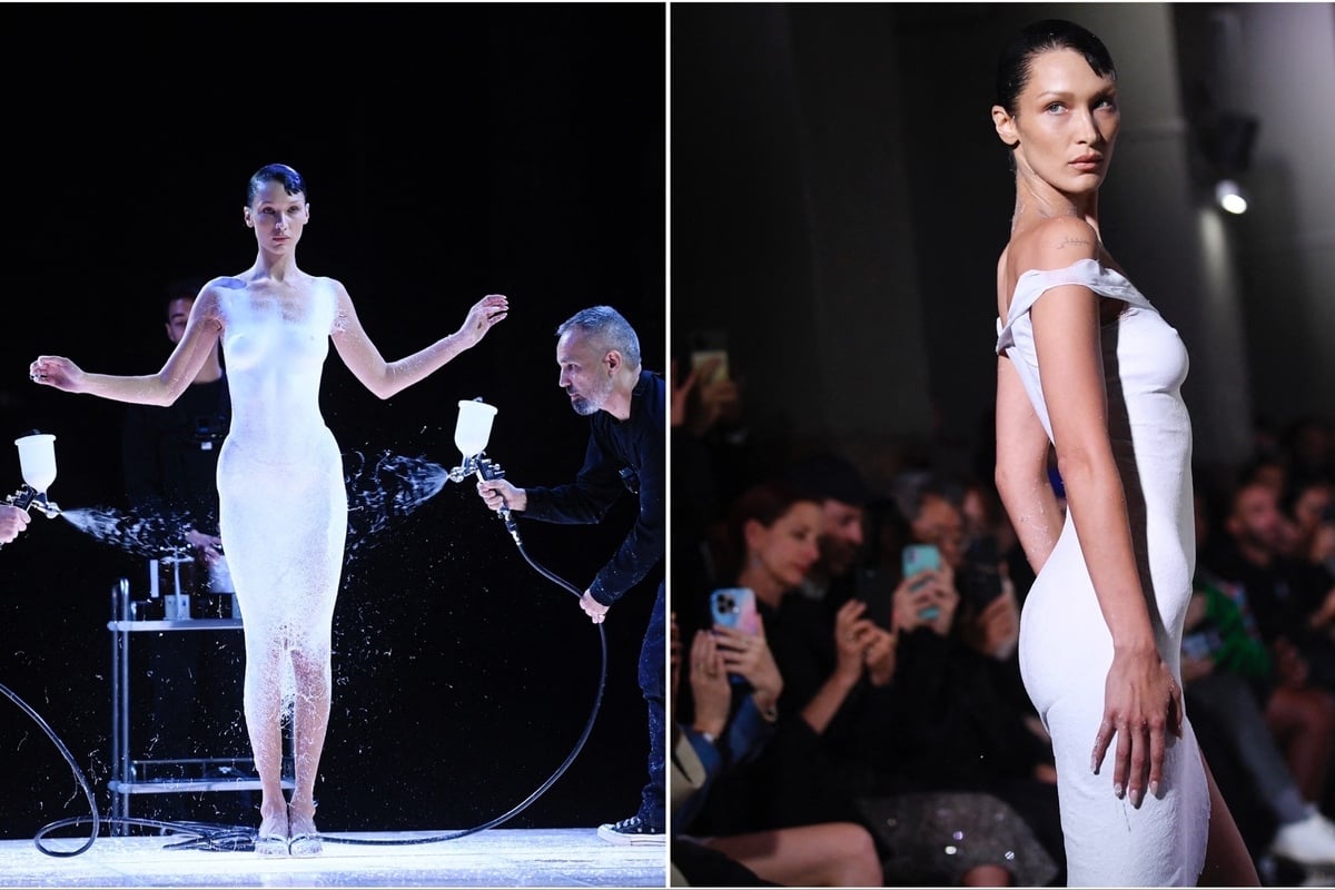 Bella Hadid Debuts Spray Painted Dress At Paris Fashion Week
