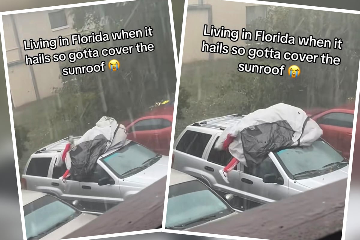 Verzweifelte Aktion: Mann versucht Auto auf skurrile Art vor Hagel zu schützen