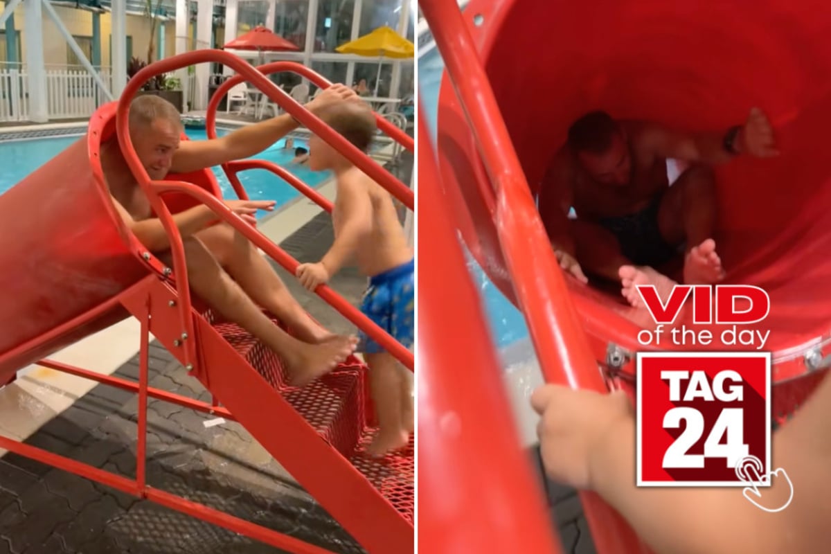 Viral Video of the Day for April 29, 2026: Dad brutally fails trying to impress kid with waterslide trick!