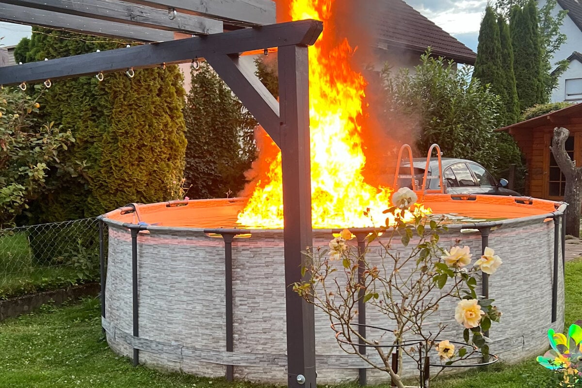 Bewohner wollen entflammten Kanister löschen, plötzlich brennt der Pool