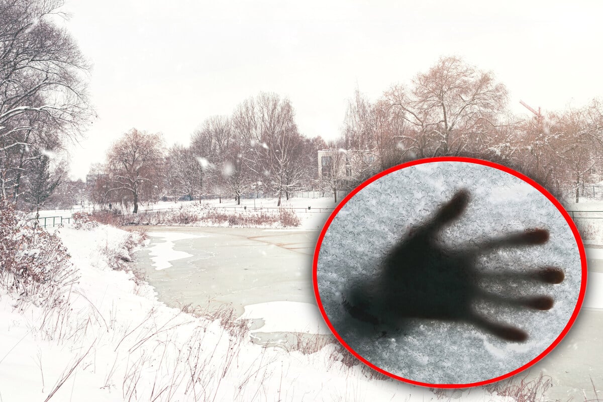 Mutter-sieht-wie-ihre-S-hne-in-einem-gefrorenen-Teich-ertrinken