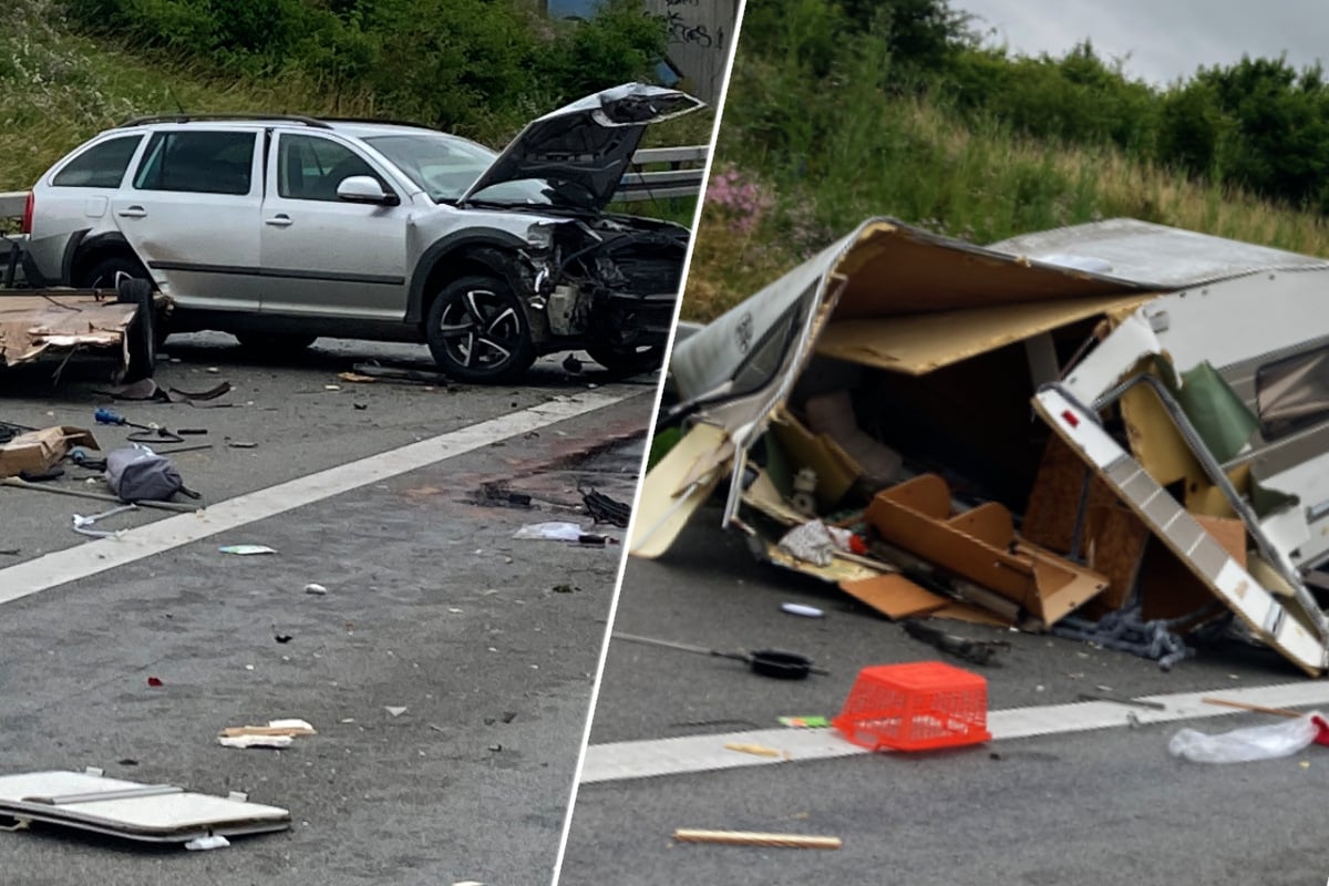 Renault kracht in Wohnwagen: Trümmerfeld und mehrere Verletzte auf Autobahn