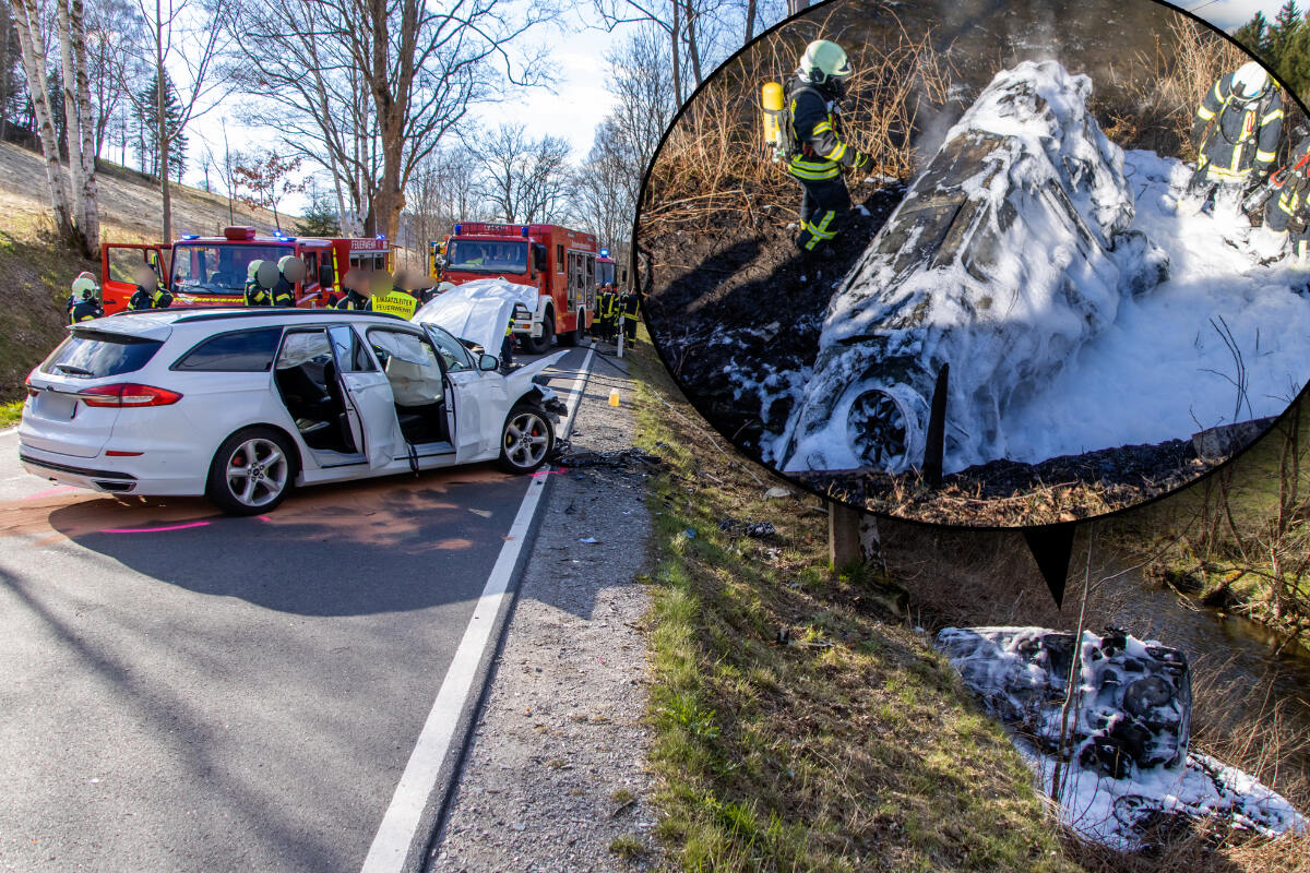 Heftiger Unfall im Erzgebirge: Auto geht nach Frontal-Crash in Flammen auf
