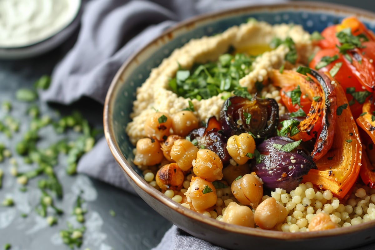 Rezept des Tages: Couscous-Bowl mit gebratenem Gemüse, Kichererbsen und Hummus