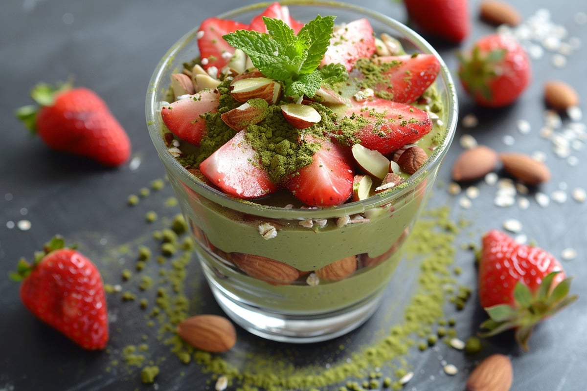Rezept des Tages: Erdbeer-Matcha-Parfait mit Haferflocken und Mandeln