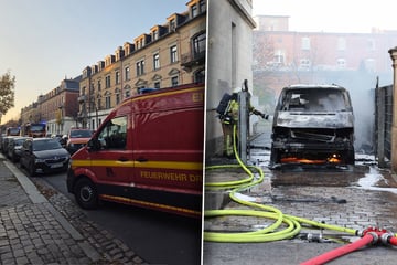 Dresden: VW-Bus brennt in Dresden-Pieschen komplett aus: Feuerwehr mit Großaufgebot im Einsatz