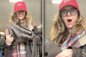 Frau beäugt Tasche in Secondhand-Shop: Beim Blick hinein, fällt ihre Kinnlade herunter