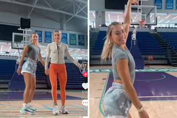 Haley and Hanna Cavinder flaunt their twin hoop magic with stellar trick shot