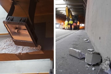 Bagger touchiert Tunneldecke: Betonbrocken krachen auf die Straße!