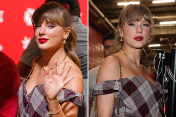 Taylor Swift dazzles in Chiefs-inspired glitter freckles to cheer on Travis Kelce