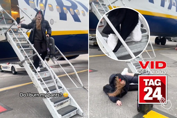 Viral Video of the Day for February 24, 2024: Girl's pants make her trip and fall while exiting plane!