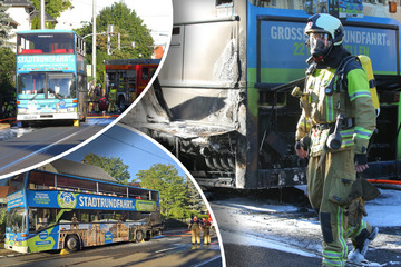 Dresden: Feuer bei Stadtrundfahrt Dresden: Dichter Rauch qualmt aus Doppeldecker-Bus