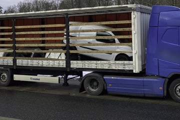 Kuriose Fracht: Lkw-Fahrer quetscht zwei Autos zwischen seine Ladung