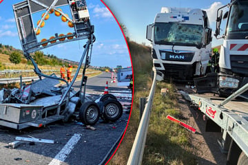 Unfall A38: Lkw kracht in Schilderwagen: A38 an der Landesgrenze stundenlang dicht