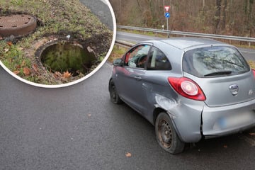 Sekundenschlaf? Ford brettert in Leitplanke und reißt Gullydeckel aus dem Boden
