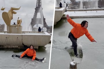 Influencerin zeigt Eislaufkünste am Eiffelturm, dann kracht sie ins kalte Wasser